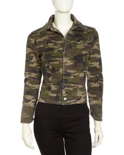 Cropped Studded Cuff Camo Jacket, Green