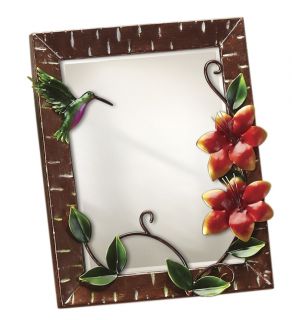 Large Metal Hummingbird Wall Mirror (MultiMaterials: Metal, GlassPatterns: Floral patternDesigns: Custom designDimensions: 18 inches high x 20 inches wide x 3 inches deep )