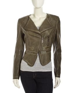 Faux Leather Zip Moto Jacket, Light Olive