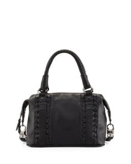 Pebble Leather Woven Satchel, Black