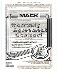 Mack Four Year Extended Warranty Certificate For Video   3CCD Camcorders up to $