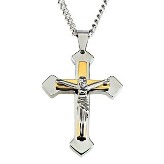 Mens Two Tone Stainless Steel Crucifix Pendant