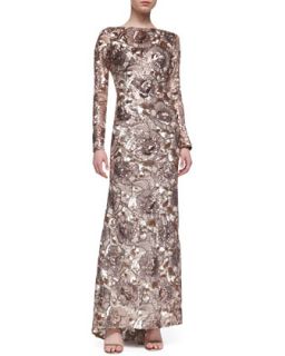 Womens Long Sleeve Sequined Floral Gown, Rose Gold   Badgley Mischka Collection