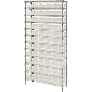 Quantum Storage Wire Shelving System with 55 Clear Bins   12 Shelf Unit, 36