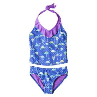 Girls 2 Piece Halter Flamingo Tankini Swimsuit Set   Blue L