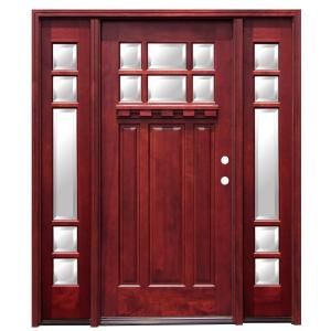 Pacific Entries Craftsman 6 Lite Stained Mahogany Wood Entry Door with Dentil Shelf 6 in. Wall Series and 14 in. Sidelites M36ML613D