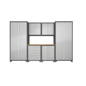 NewAge Products Pro Diamond Plate 128 in. x 82.5 in. x 24 in. Freestanding Metal Cabinetry Set in Silver Finish/Gray Frame (7 Piece) 31867