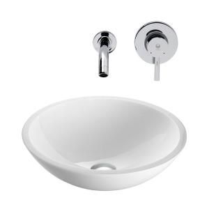Vigo Flat Edged Stone Glass Vessel Sink in White Phoenix and Wall Mount Faucet Set in Chrome VGT224