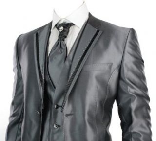 Feinster Herren Hochzeit oder Party Anzug 4 Teilig gefertigt aus feinem Grau Seidenglanz Poleyster mit Schwarzen End Glanz: Bekleidung