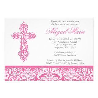 Pink Ornate Cross Damask Girl Baptism Christening Announcements