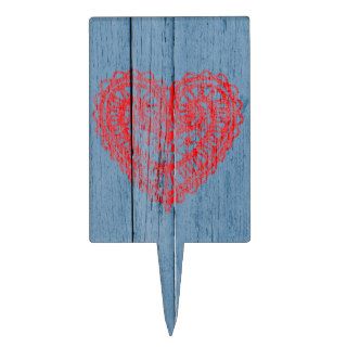 Vintage Blue Wood And Red Lace Heart Rectangular Cake Toppers