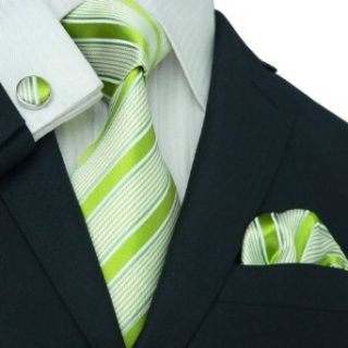 Landisun 14G Bright Green Stripes Mens Silk Tie Set: Tie+Hanky+Cufflinks at  Mens Clothing store
