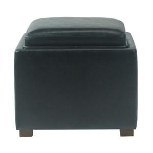 Elegant Home Fashions Navy Color Tray Bonded Leather Storage Cube Ottoman DISCONTINUED HDOD6685   Navy
