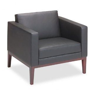 Tiffany Industries Reception Room Seating, Occasional Chair, Black Leather, Mahogany Finish. 