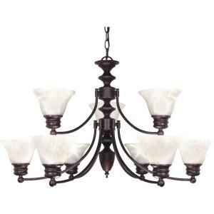 Glomar Empire 9 Light Old Bronze 2 Tier Chandelier with Alabaster Glass Bell Shades HD 362