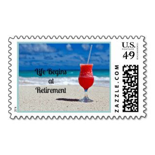 Life Begins at Retirement, frosty drink on beach Stamps