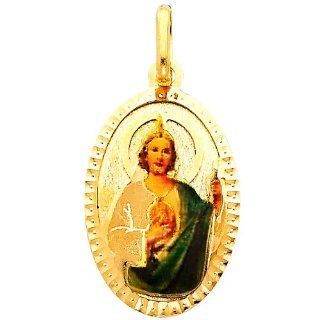 14K Yellow Gold Religious Saint Jude Enamel Picture Charm Pendant: Jewelry