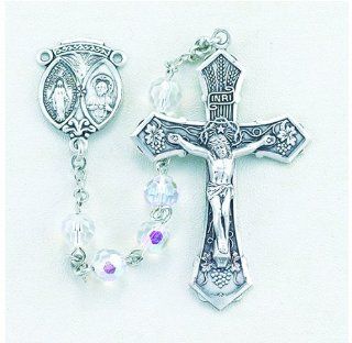 6mm Tin Cut Crystal (AB) Rosary w/ Sterling Silver Crucifix Cross & Center Boxed 33/151 15 1/2" w/ o Crucifix Cross & Center Patron Saint St. Medal Pendant Necklace In Gift Box: Jewelry