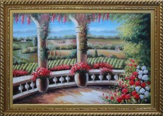Tuscany Patio Surrounded by Vineyard Winery Large Oil Painting, with Elegant Gold Wood Frame 30x42 Inch   Winery Painting On Canvas