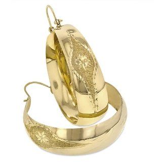 Ladies14K Yellow Gold Hi Polish Laser / Diamond cut Bangle Earrings 38.8mm in Diameter   208 02: Hoop Earrings: Jewelry
