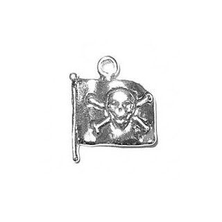 Sterling Silver 18" .8mm Wide Box Chain Necklace With 3D Pirate Flag Waving In The Wind Pendant With Skull And Crossbones: Jewelry