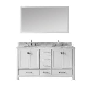 Virtu USA Caroline Avenue 60 in. Double Square Vanity in White with Marble Vanity Top in Italian Carrara White and Mirror GD 50060 WMSQ WH