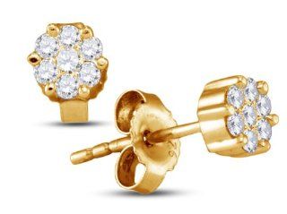 Yellow Gold Plated 925 Sterling Silver Round Brilliant Cut Diamond   Flower Shape Invisible & Channel Set Studs Earrings with Secure Push Back Closure   (1/4 cttw.): Jewelry