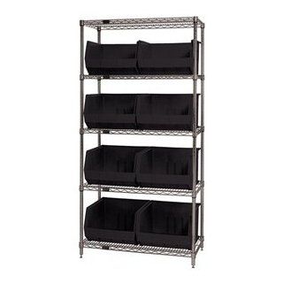 Quantum Storage Systems WR5 270BK 5 Tier Complete Wire Shelving System with 8 QUS270 Black Giant Open Hopper Bins, Chrome Finish, 18" Width x 36" Length x 74" Height: Industrial & Scientific