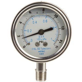 PIC Gauge 301LFW 254A Glycerin Filled Bottom Mount Pressure Gauge with Stainless Steel Case, 316 Stainless Steel Internals, Plastic Lens, Welded Connection, 2 1/2" Dial Size, 1/4"Male NPT Connection Size, 30" 0 hg Vac psi Range Industrial P