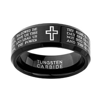 8mm Beveled Black Lord's Prayer Engraved with Cross Praying Men's Cobalt Free Tungsten Carbide COMFORT FIT Wedding Band Ring (Size 8 to 13)   Size 11: The World Jewelry Center: Jewelry
