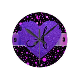 Black purple polka dots purple heart clock