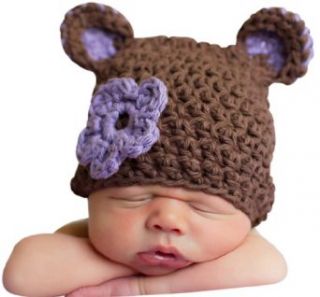 Melondipity Girl Sugar Plum Bear Crochet Baby Hat   Brown Beanie Purple Flower Infant And Toddler Hats Clothing