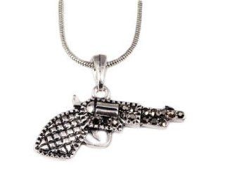 3 x Wholesale Lot Silver Tone Crystal Embellished Revolver Gun Charm Pendant 16" Necklace Fashion Jewelry NK2719BK: Jewelry