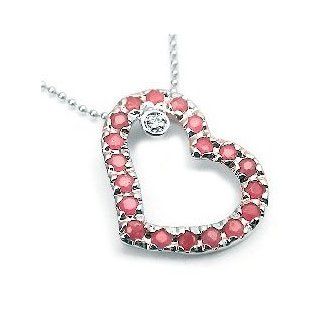 Platinum Plated Sterling Silver Genuine Ruby Heart and Diamond Accent Pendant with 16" Chain Necklace: Jewelry
