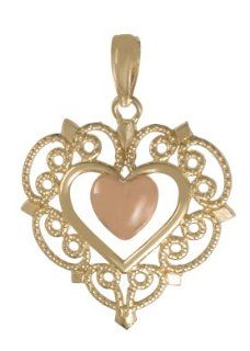 14k Gold Fashion Necklace Charm Pendant, Heart With Lace Trim & Pink Heart Cente: Million Charms: Jewelry
