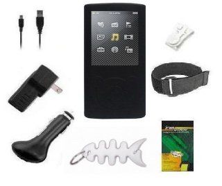 8 Items Accessory Combo Kit for Sony Walkman E Series (NWZ E353 & NWZ E354) Includes Black Silicone Skin Case Cover, Armband, Belt Clip, LCD Screen Protector, USB Wall Charger, USB Car Charger, 2in1 USB Data Cable and Fishbone Style Keychain   Pla