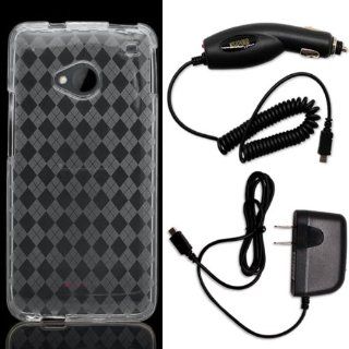 CoverON HTC One M7 TPU Rubber Skin Cover Case Bundle with Black Micro USB Home Charger & Car Charger   Clear Checker: Cell Phones & Accessories