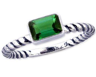 Twisted Sterling Silver Stackable Ring with East West Small Octagon Genuine Stone Green Tourmaline in full,half,quarter sizes from 3.5 to 12_3.5: diViene: Jewelry