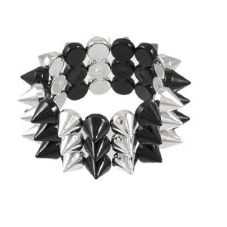 Stud Rivet Detailing 3 Row Elastic Bracelet Bangle Wristband Silver Tone Black: Stretch Bracelets: Jewelry