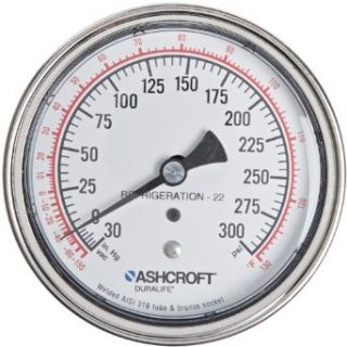 Ashcroft Duralife Type 1009 Stainless Steel Case Glycerin Filled Pressure Gauge, Stainless Steel Tube and Socket, 3.5" Dial Size, 1/4" NPT Lower Connection, 0/160 psi Pressure Range: Industrial Pressure Gauges: Industrial & Scientific
