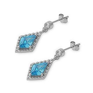 Sterling Silver Clear & Blue Topaz Cz Dangle Earrings: Jewelry