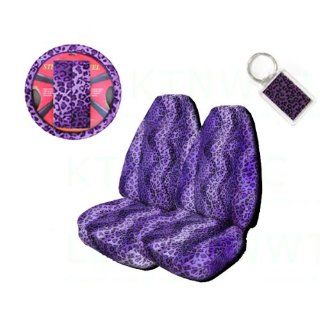 A Set of 2 Universal Fit Animal Print High Back Bucket Seat Covers, Wheel Cover, 2 Shoulder Pads, and 1 Key Fob   Leopard Purple: Automotive