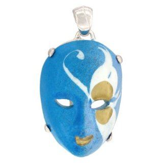 Sterling Silver Venetian Carnival Mask Pendant Hand Painted Ceramic Blue White Italy 1 1/8 inch Jewelry