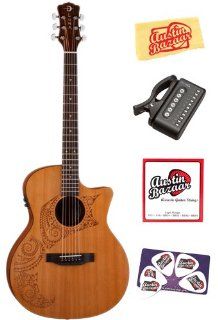Luna Oracle Series Tattoo Grand Concert Acoustic Electric Guitar Bundle with Tuner, Strings, Pick Card, and Polishing Cloth: Musical Instruments