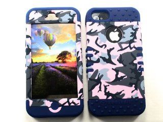 3 IN 1 HYBRID SILICONE COVER FOR APPLE IPHONE 5 HARD CASE SOFT DARK BLUE RUBBER SKIN CAMO PINK DB TE409 KOOL KASE ROCKER CELL PHONE ACCESSORY EXCLUSIVE BY MANDMWIRELESS: Cell Phones & Accessories