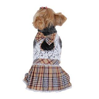 White Lace Top with Bow Tie Dress and Brown Plaid Pleated Scottish Skirt [FOR SMALL DOGS], Small : Pet Supplies