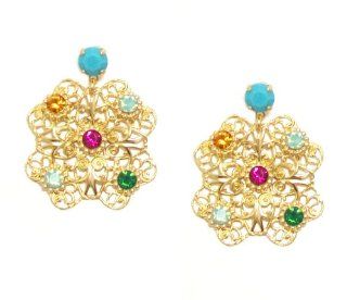 Mariana Yellow Gold Plated "Happy Days" Collection Filigree Medallion Flower Drop Earrings with Turquoise, Topaz, Emerald, Fuchsia and Pacific Opal Swarovski Crystals: Dangle Earrings: Jewelry