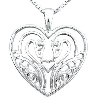 Precious Moments Sterling Silver Diamond Accent Heart with Swans Pendant Necklace (0.01 cttw, I J Color, I2 I3 Clarity), 18": Jewelry