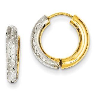 14k & Rhodium Diamond Cut 3mm Satin & Polished Hinged Hoop Earrings: Jewelry