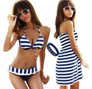 T&LOL Fashion Women Bikini 3 Pieces Set Blue White Striped Cover Up Dress (M) Athletic Swimming Apparel